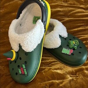 Festive Green Elf Crocs with Fuzzy Lining and Charms